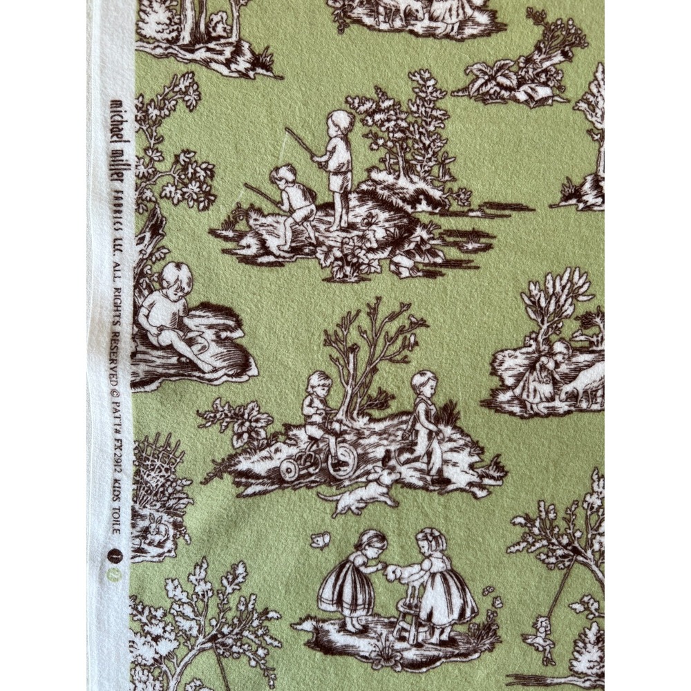 Fabric - OOP Michael Miller Kids Toile Green Washed Cotton Flannel 32" L x 42" W